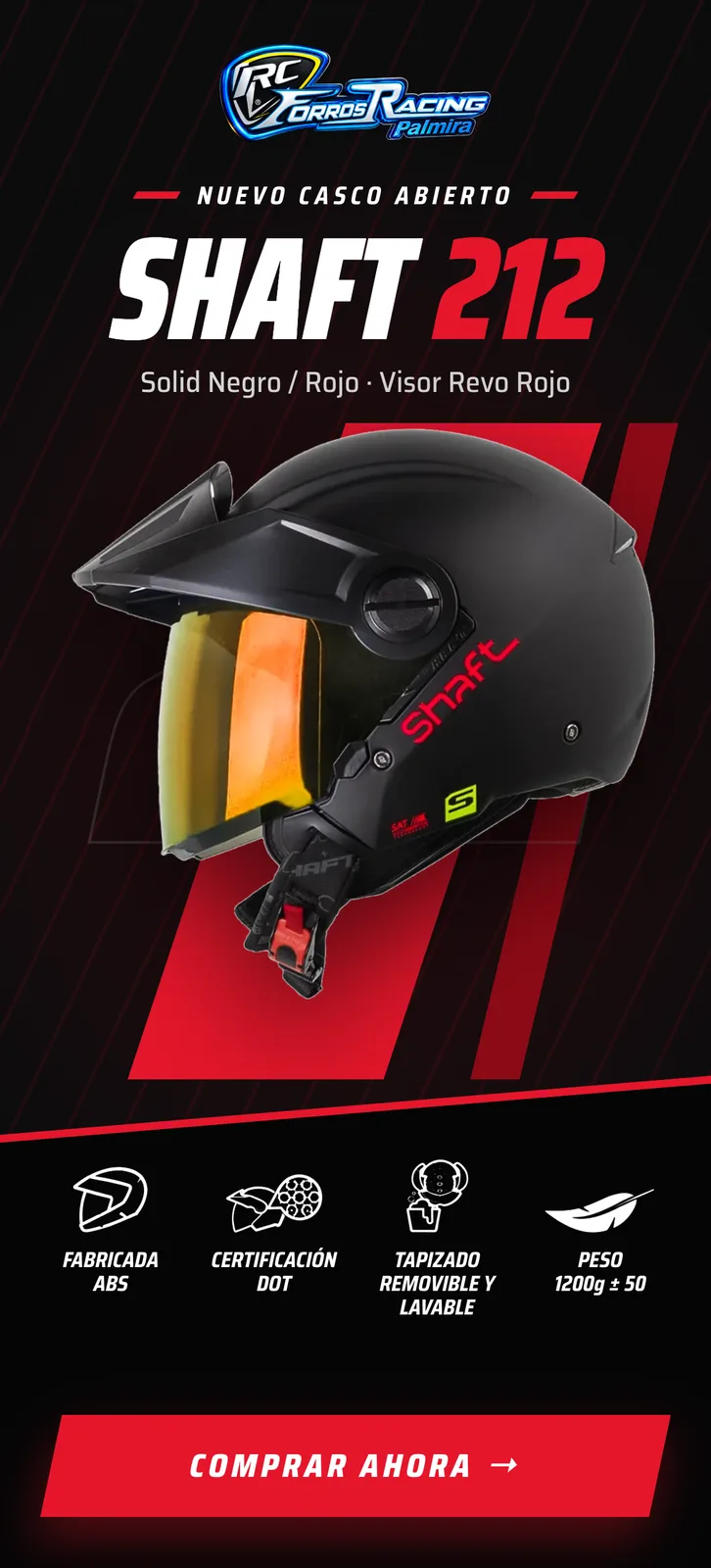 Nuevo casco abierto Shaft 212, Solid Negro / Rojo con visor Revo Rojo